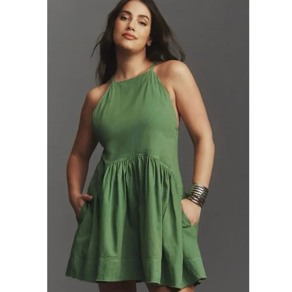 Women’s Pilcro Anthropologie Kyla Flounce Mini Dress Green 100% Cotton Size 2xl - Picture 1 of 8